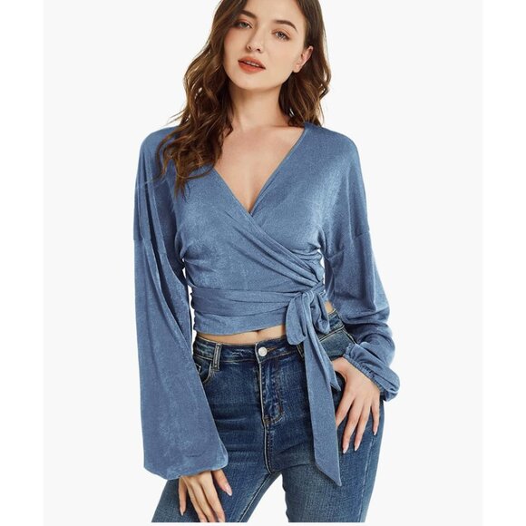 Sweaters - Steel Blue Knit Tie Front Belted V-Neck Long Sleeve Bishop‎ Wrap Top Sweater